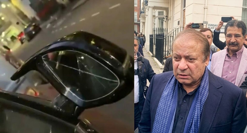 Split image of Nawaz Sharif outside a London building and a car with a smashed side-view mirror.Masked men smash windows of Nawaz Sharif’s car in London