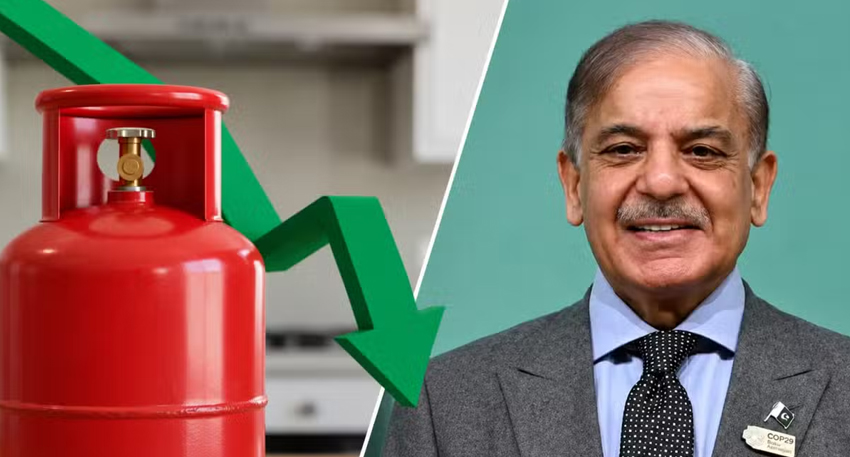 PM Shehbaz Sharif next to a red LPG cylinder with a green downward arrow.