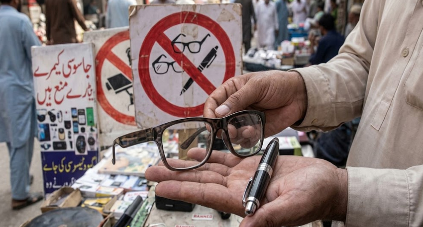 A person holds hidden-camera glasses and a pen in front of signs with red 