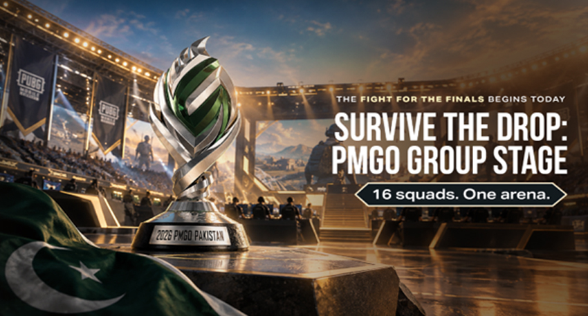 2026 PMGO Pakistan trophy displayed on a stage with a Pakistani flag and large screens showing PUBG gameplay.