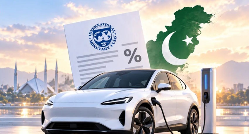 White electric car charging in Pakistan with IMF logo and Faisal Mosque in the background.