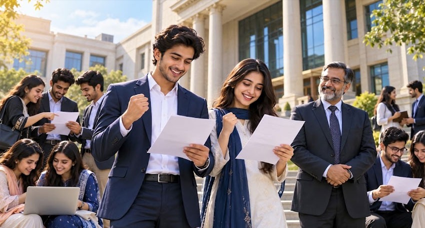 South Asian students celebrate Autumn 2026 ICAP exam results outside a university building with a professor.