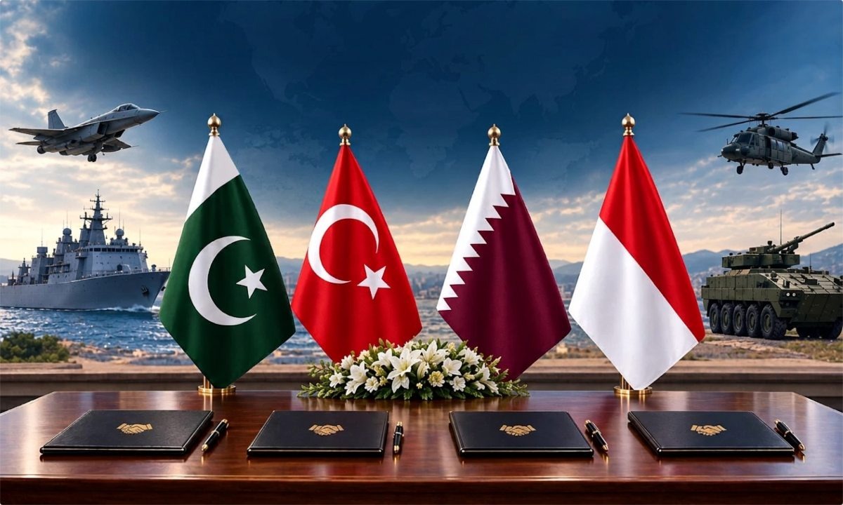 Flags of Pakistan, Turkiye, Qatar, and Indonesia on a table with military assets in the background.