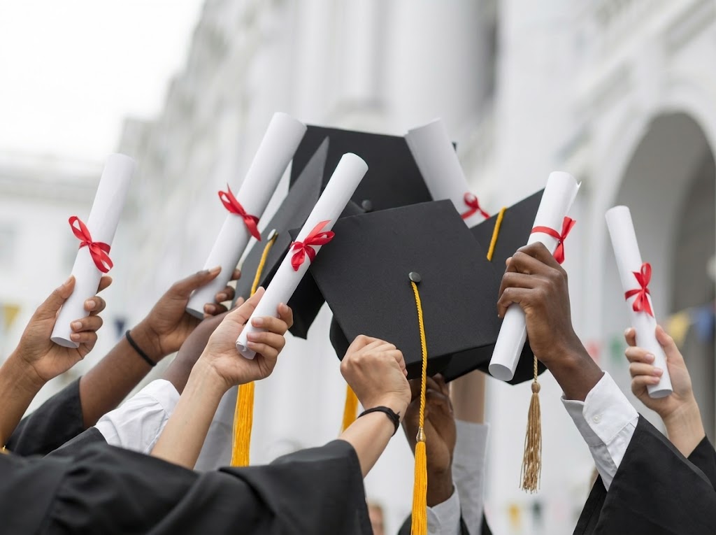 Students holding caps in their hansds.