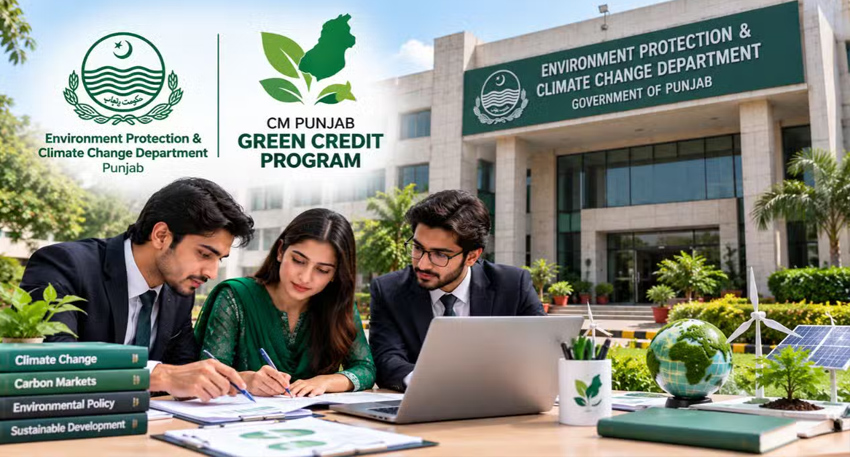 CM Punjab Green Credit Program banner showing students working in front of the Climate Change Department in Lahore.