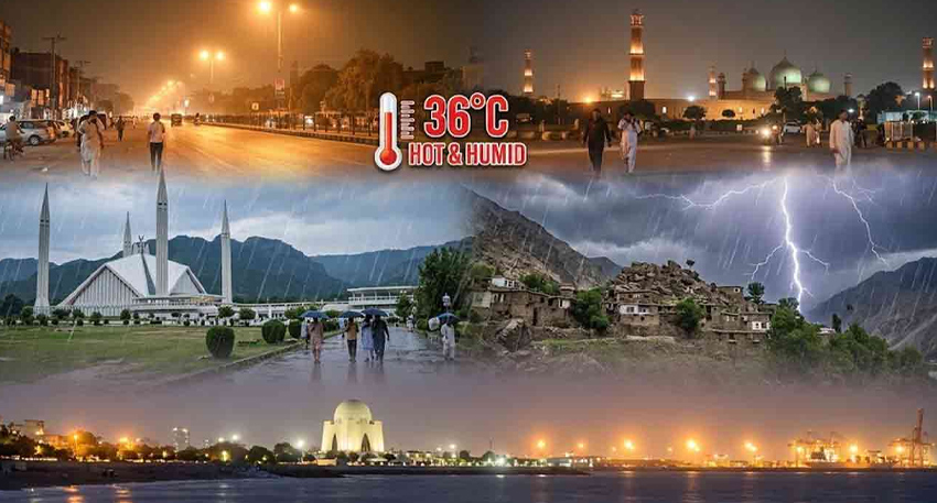 Collage of landmarks in Pakistan including Faisal Mosque and Mazar-e-Quaid under different weather conditions.