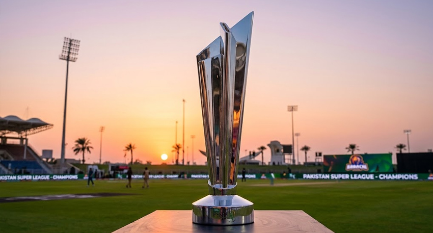 ICC trophy in a cricket ground.
