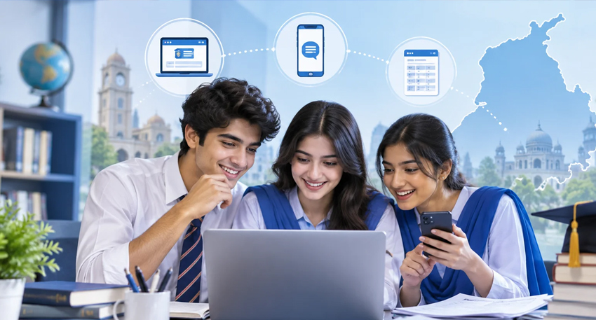 Three students in uniforms look happily at a laptop showing digital portals against a Punjab map outline.