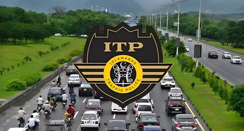 Islamabad Traffic Police logo overlaid on a busy highway.
