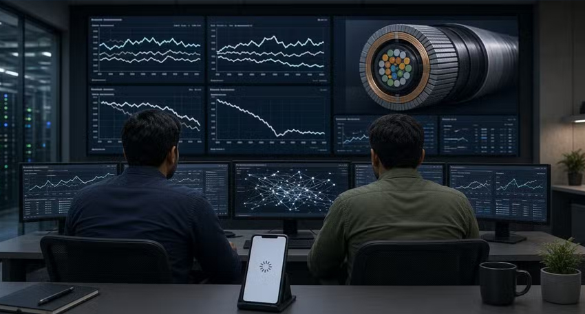 Two operators in a network monitoring room tracking internet data graphs and submarine cable metrics.