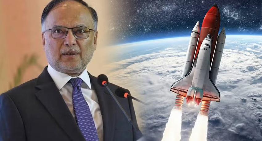 Split image showing Pakistani minister Ahsan Iqbal on the left and a space shuttle launching above Earth on the right.