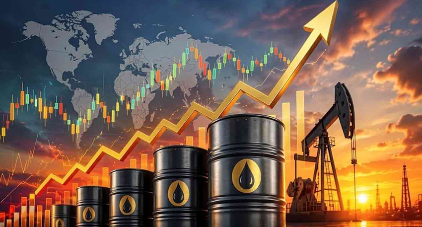 Oil barrels and pump jack silhouette with an upward trending financial stock chart arrow against a global map sunset.