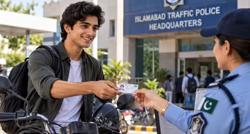 A young male student on a motorbike receives his license from a female officer at Islamabad Traffic Police HQ.