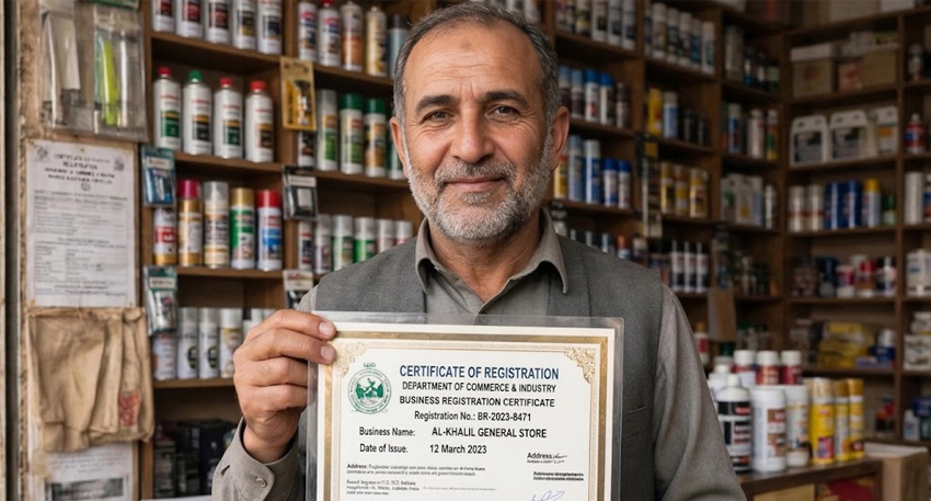 Man in a shop holding a Punjab business registration certificate for Al-Khalil General Store.
