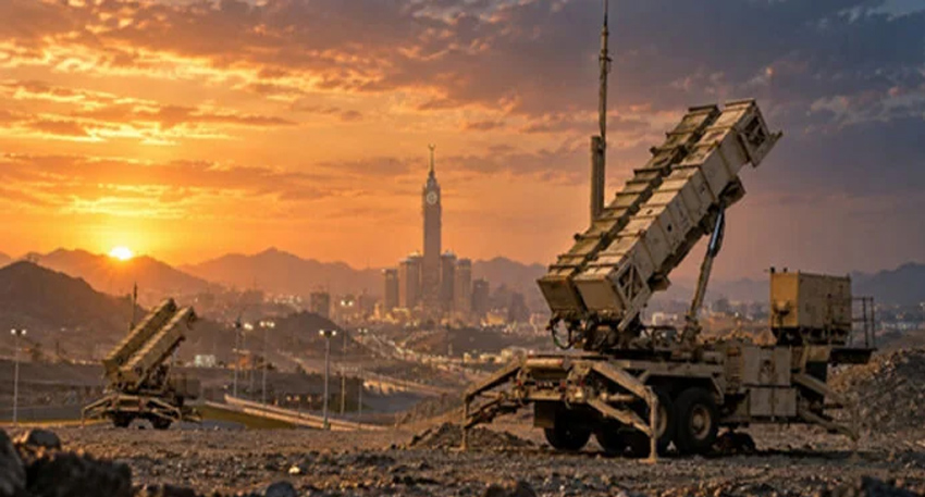 Patriot missile systems deployed in the rocky hills overlooking Makkah during a sunset.