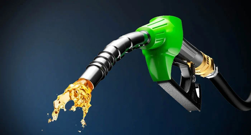 Green fuel nozzle spraying gold petrol.