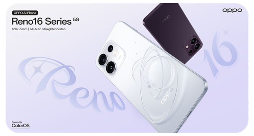 Oppo Reno16 Series 5G promotional banner featuring white and purple smartphones with a cosmic-themed back design.
