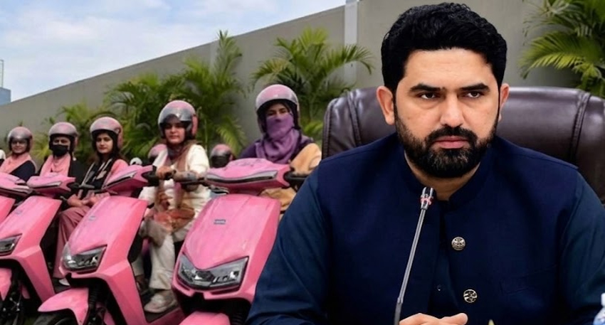 KP minister announcing free pink electric bikes for female students.