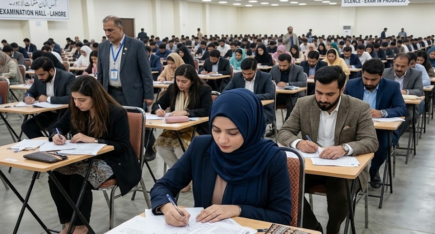 Students giving exams in exam hall.