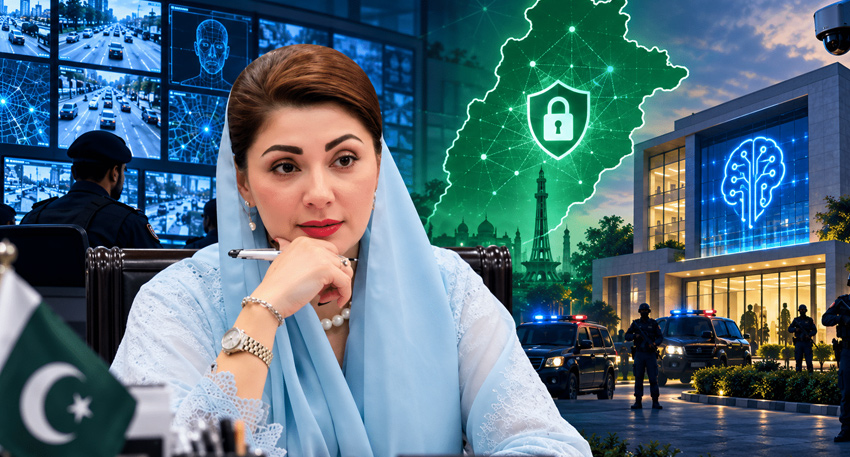 Maryam Nawaz in front of Punjab AI hub and surveillance monitors.