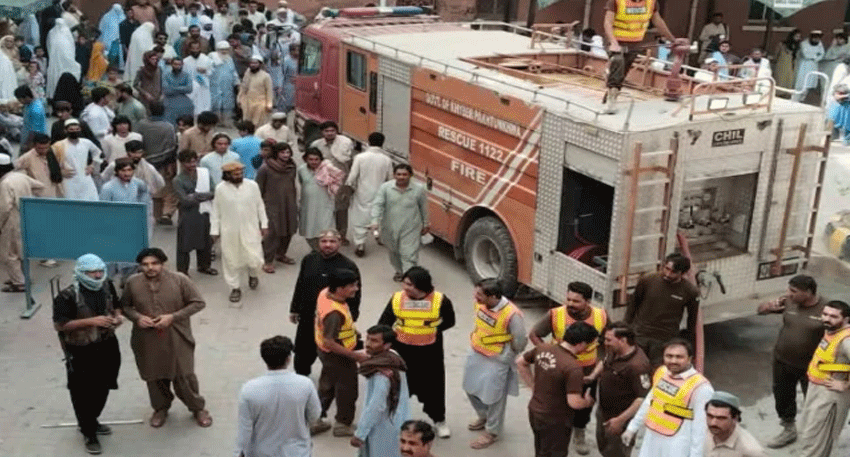 Firefighters and rescue teams respond to a fire at Bannu’s Khalifa Gul Nawaz Teaching Hospital