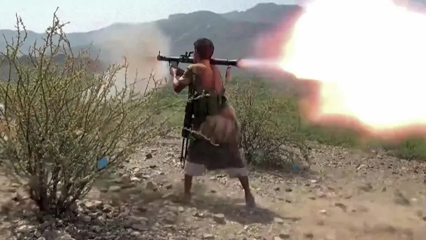 Yemeni government and Saudi-backed National Resistance forces attack Houthi positions on the Kadha front, west of the city of Taiz, Yemen. AFP