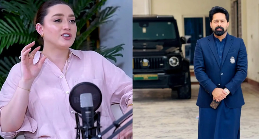 Split image of Momina Iqbal speaking into a microphone and Saqib Chadhar standing in a blue outfit.