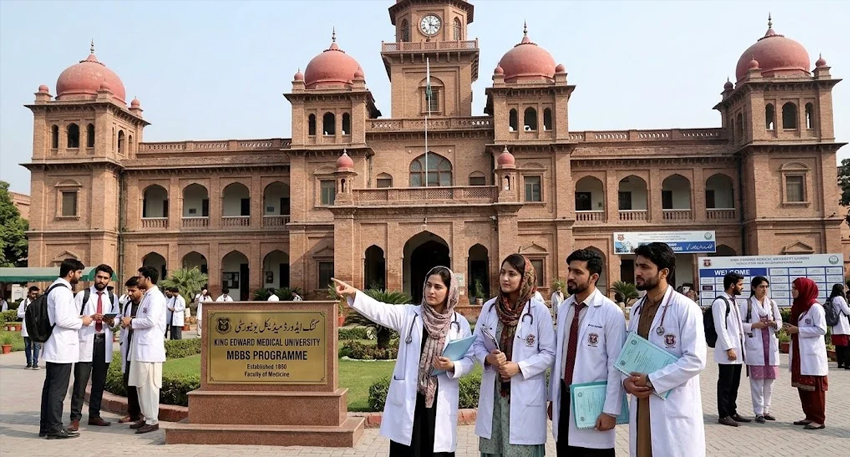 Medical students in white coats stand in front of the historic brick building of King Edward Medical University.