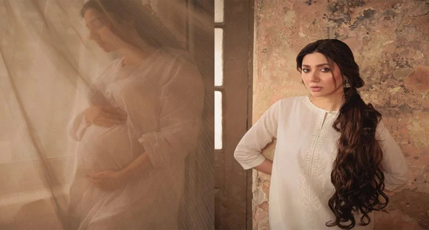 Mahira Khan posing next to her pregnancy photoshoot portrait.