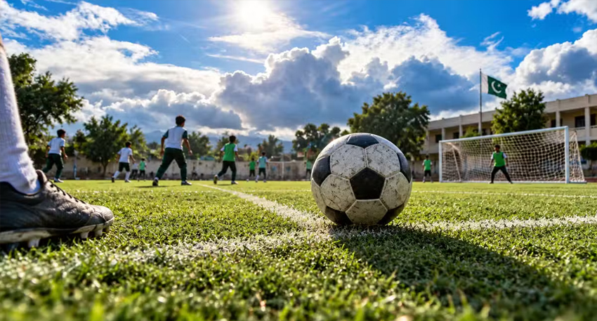 Children playing football on a green field in Pakistan with a national flag in the background.