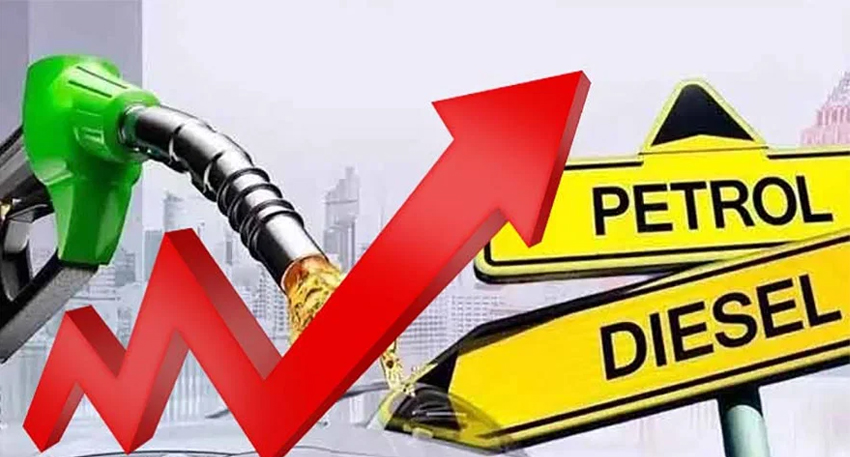 Fuel nozzle pouring liquid next to an upward-trending red arrow and yellow signs for petrol and diesel.