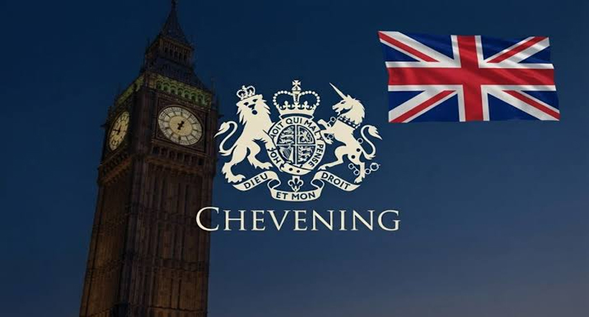 Chevening Scholarship logo featuring the UK Royal Coat of Arms, a Union Jack flag, and Big Ben against a blue sky.