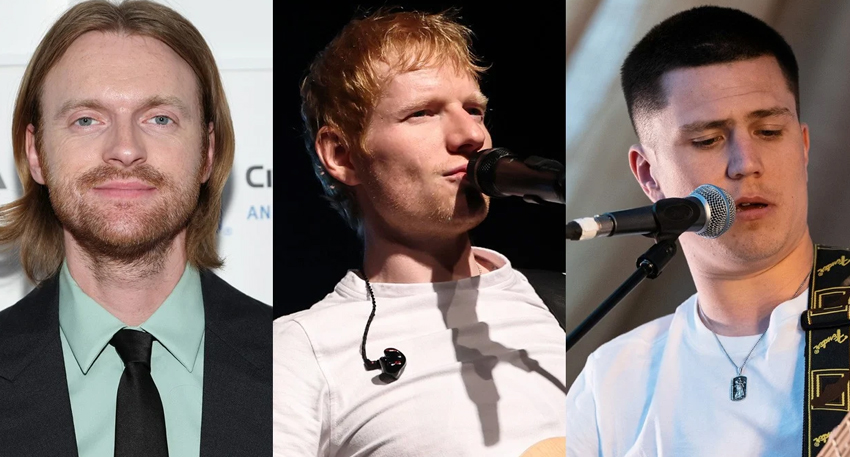 Three musicians, including Ed Sheeran, shown side-by-side in a split image.