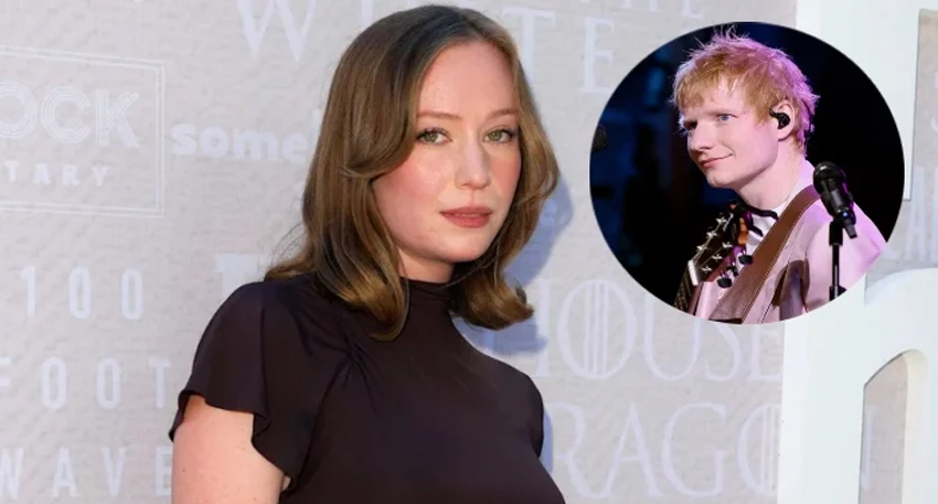 Hannah Einbinder in a black dress next to a circular inset photo of Ed Sheeran singing on stage.