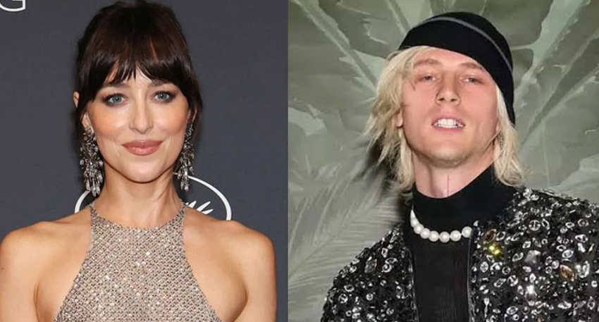 Side-by-side portraits of Dakota Johnson and Machine Gun Kelly.