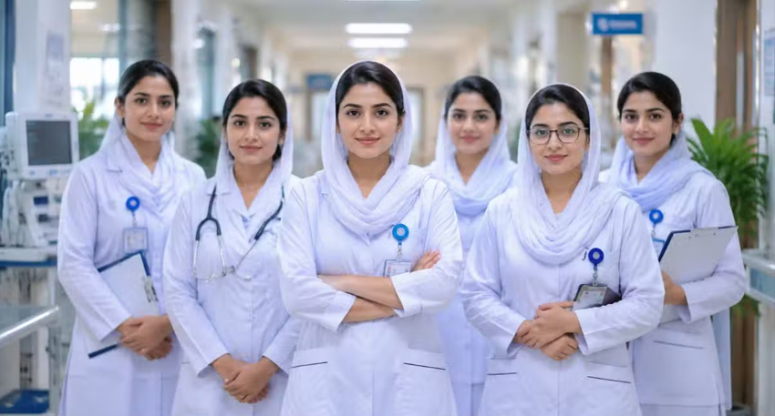 Six smiling female nurses wearing white lab coats and headscarves standing in a bright hospital hallway.