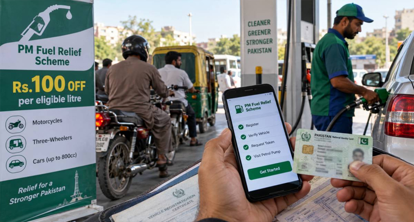 A person holds a smartphone showing the PM Fuel Relief Scheme app and a Pakistani CNIC at a busy petrol pump.