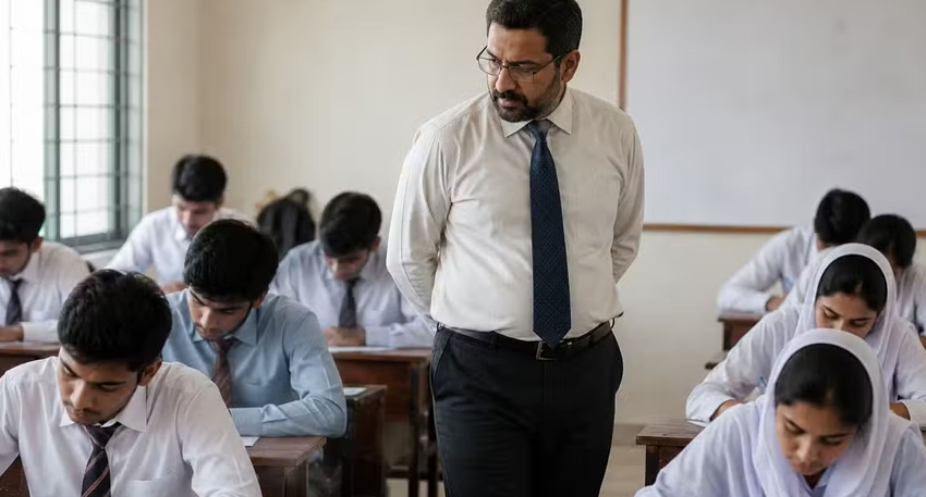 A male teacher wearing glasses watches over students in uniforms sitting at desks during a classroom exam.