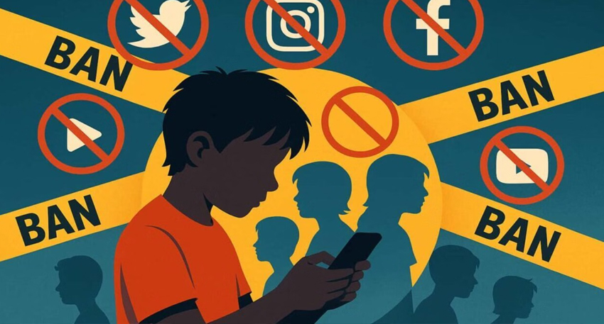 Illustration of children looking at phones surrounded by 