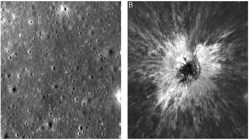 This combination of photos made by NASA’s Lunar Reconnaissance Orbiter shows the same area on the surface of the moon before and after a newly discovered crater in May 2024. NASA