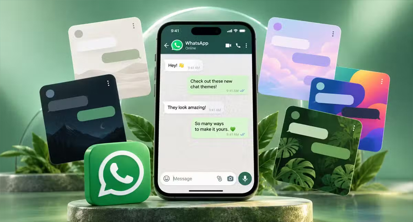 Smartphone displaying WhatsApp chat interface surrounded by colorful custom chat theme previews and floating leaves.
