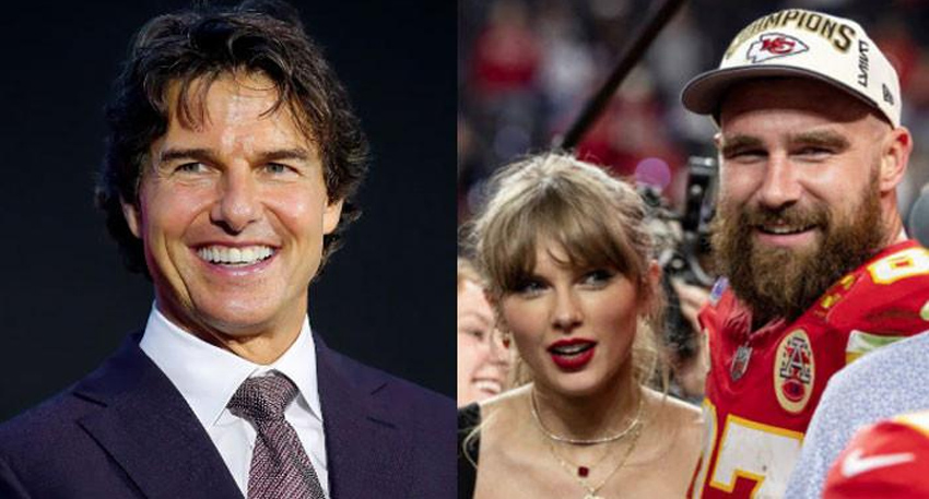 Split image of a smiling Tom Cruise and Taylor Swift standing next to Travis Kelce.