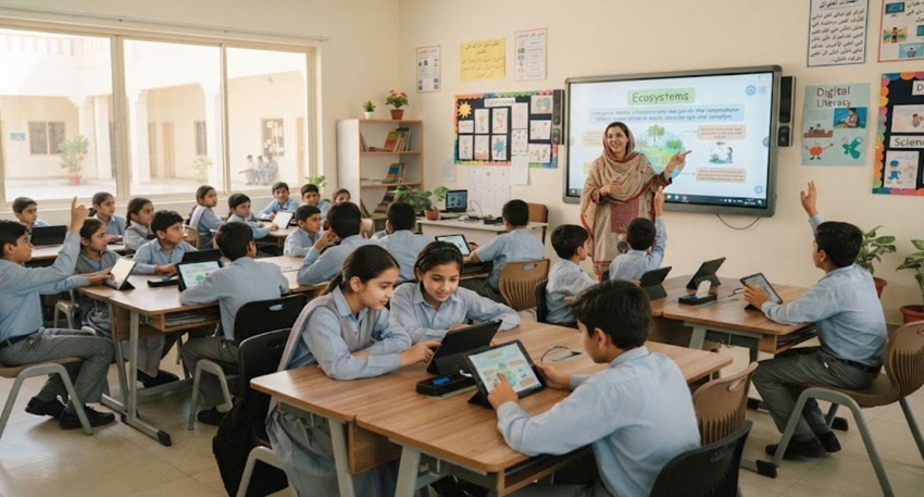 Teacher standing by interactive display teaching students in a modern digital classroom.