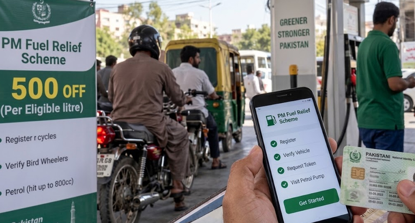 Man holding a smartphone displaying the PM Fuel Relief Scheme app at a petrol station in Pakistan.
