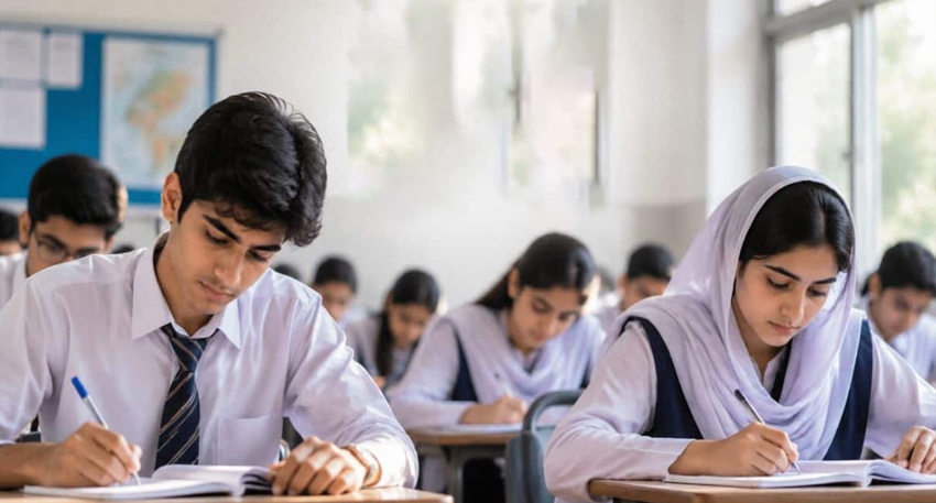 Students in uniform focused on writing their exam papers in a classroom.