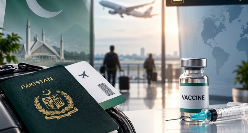 A green Pakistani passport with a plane ticket next to a vaccine vial and syringe at an airport terminal.