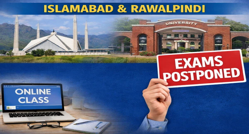 Graphic showing Faisal Mosque, a university gate, a laptop displaying online classes, and exams postponed sign.