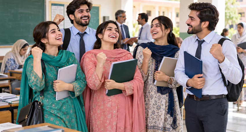 Group of happy South Asian college students celebrating together in a classroom hallway.