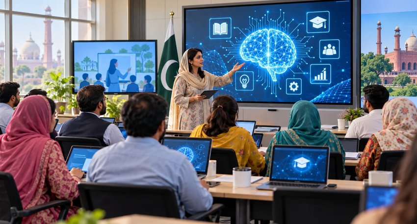A woman presents an AI brain graphic to teachers in a modern classroom with a Pakistani flag.
