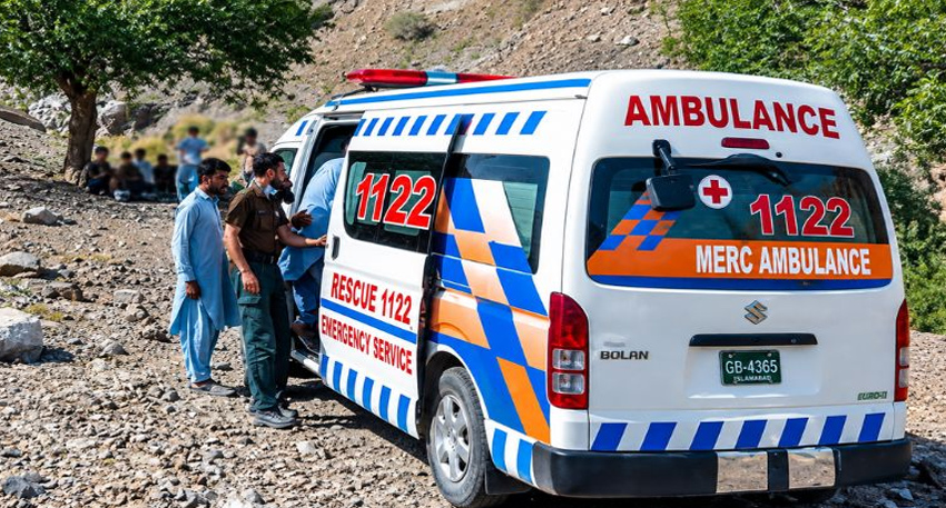 Rescue 1122 ambulance at a hilly accident site in Murree.